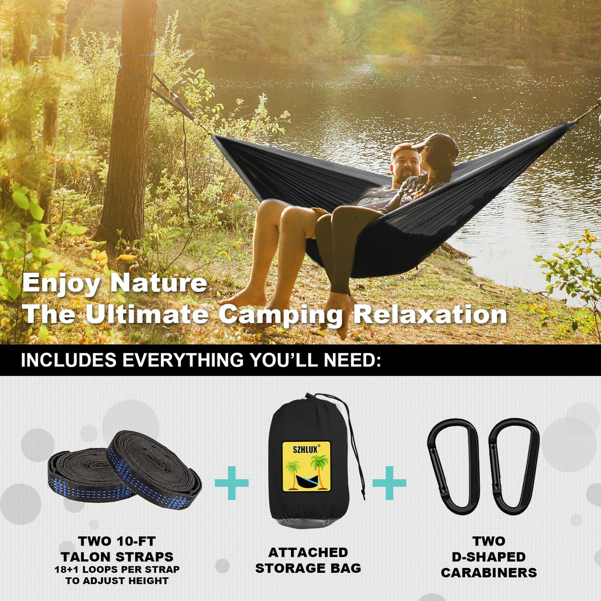 SZHLUX Camping Hammock Double & Single Portable Hammocks with 2 Tree Straps and Attached Carry Bag,Great for Outdoor,Indoor,Beach,Camping,Black & Grey, Large SZHLUX