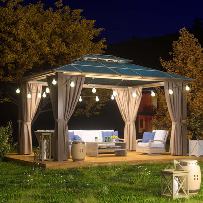 Aoxun 10'x12' Hardtop Gazebo, Outdoor Polycarbonate Double Roof Gazebo with Aluminum Frame Permanent Pavilion and Curtains & Netting for Backyard, Patio, Deck, Parties (Brown) - WoodArtSupply