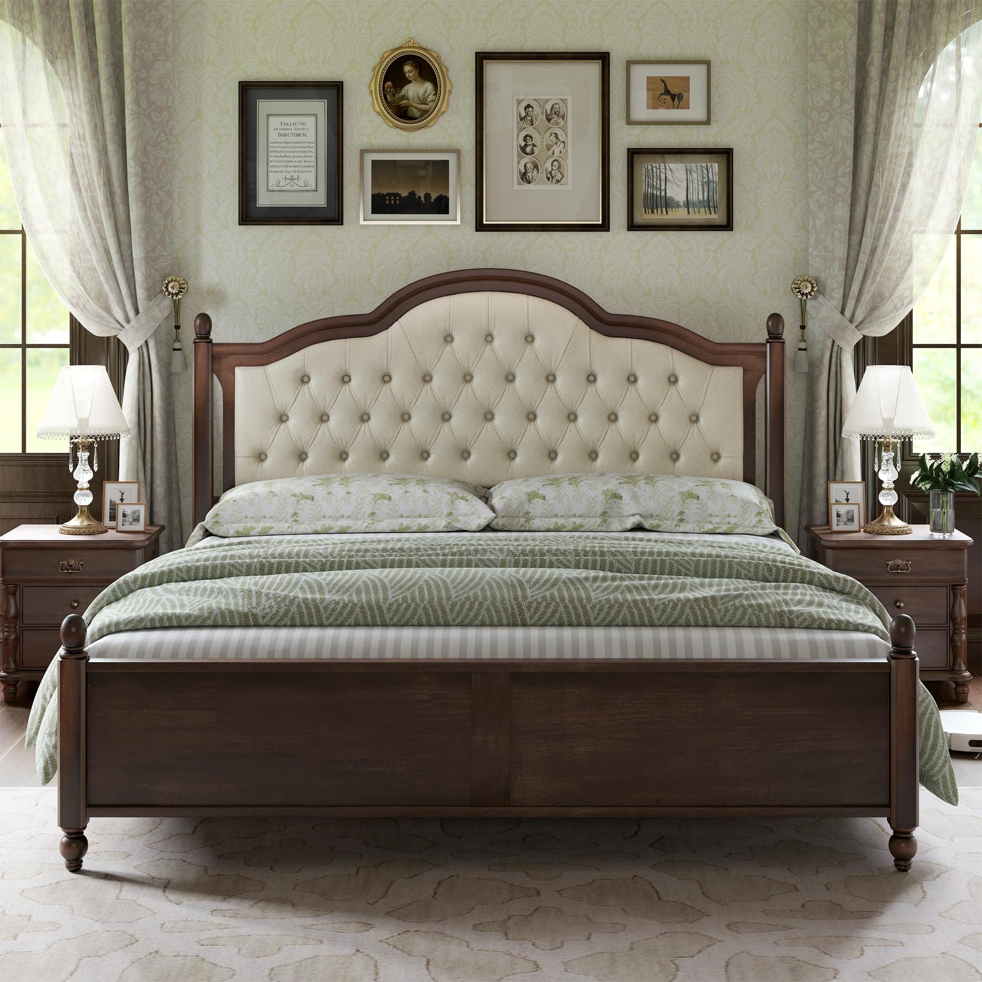 AMERLIFE Transitional Queen Size Solid Wood Bed Frame with Upholstered Tufted Headboard and Roman Column Accents - WoodArtSupply