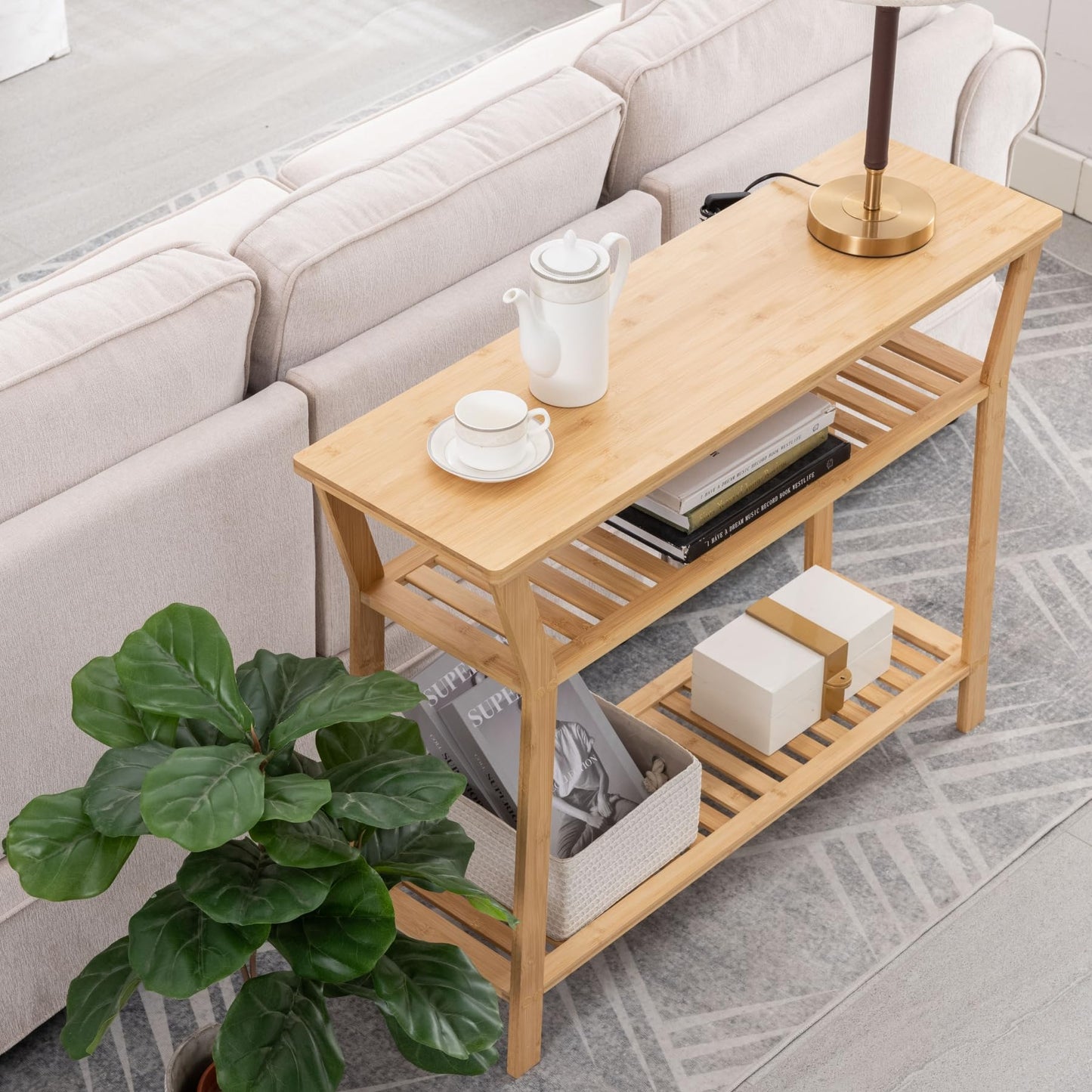 Nnewvante Bamboo Console Table Behind Couch, Entryway Table with Shelves, 3 Tier Narrow Sofa Table for Hallway, Living Room, Foyer 38.6"x11.8" - WoodArtSupply