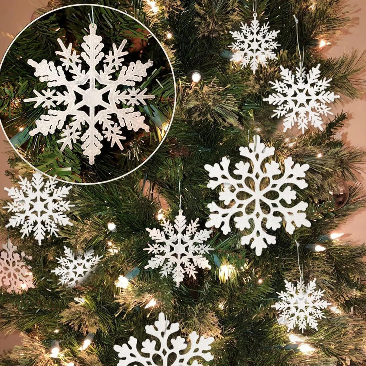36pcs Snowflakes-Christmas Tree Decorations, Snowflake Ornaments for Tree, Plastic Glitter White Snow Flakes Ornaments, Christmas Indoor Winter Wonderland Decor kockuu