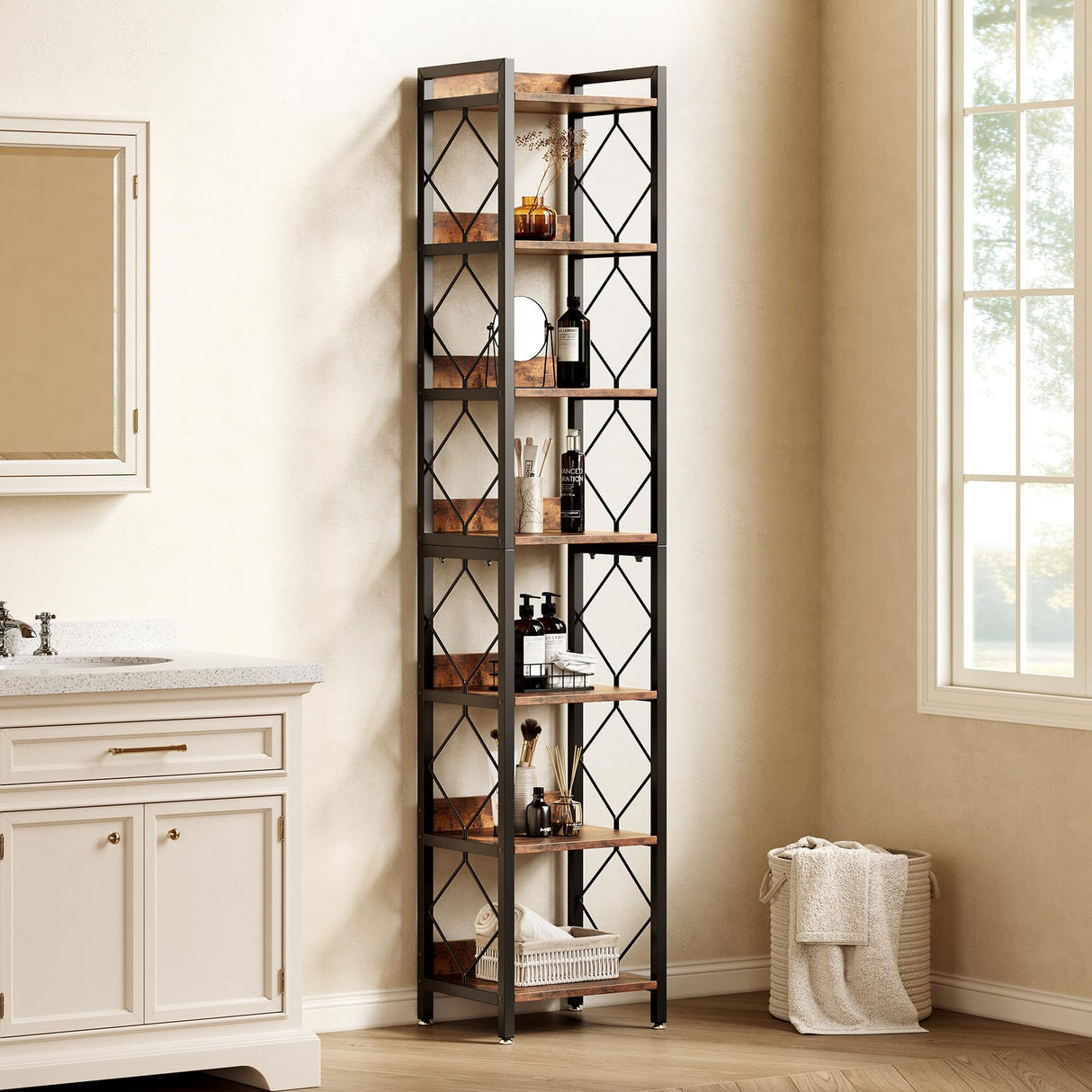 LITTLE TREE Corner Book Shelf, 78.7" Tall Narrow Bookcase, 7-Tier Skinny Wooden Display Shelves with Sturdy Metal Frame for Living Room, Modern Slim Standing Bookshelves for Office Shelf, Small Spaces LITTLE TREE