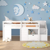 Osparple Twin Size Low Loft Bed, Kids Bed Frame with Shelf, Drawer and Stairs for Girls, Boys, Loft Bed with Storage, Strong Wood Slats Support, White Osparple