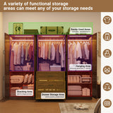 Hlivelood 75" Tall Farmhouse 6 Doors Armoire Wardrobe Closet with 3 Drawers and LED,Freestanding Closet Wardrobe Cabinet for Bedroom with Hanging Rod,Wooden Armoire Storage Cabinet(Brown 6 Doors 1) Hlivelood