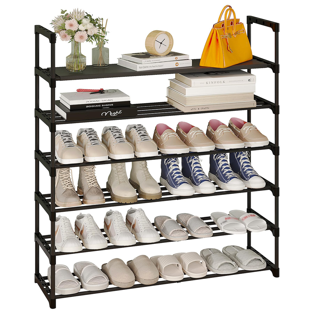 Calmootey 6-Tier Shoe Rack, Tall Large Capacity 30 Pairs Shoes Storage Organizer, Stackable Wide Shoe Shelf for Entryway, Hallway, Black Calmootey
