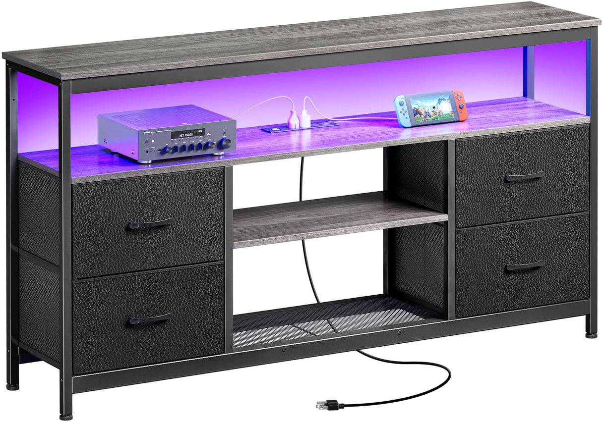 Huuger TV Stand Dresser with Power Outlets and LED Lights, 4 Drawers Entertainment Center with Shelves, 54in Media Console for 55 60 Inch TV, Dresser with PU Finish, Grey and Black Huuger