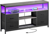 Huuger TV Stand Dresser with Power Outlets and LED Lights, 4 Drawers Entertainment Center with Shelves, 54in Media Console for 55 60 Inch TV, Dresser with PU Finish, Grey and Black Huuger