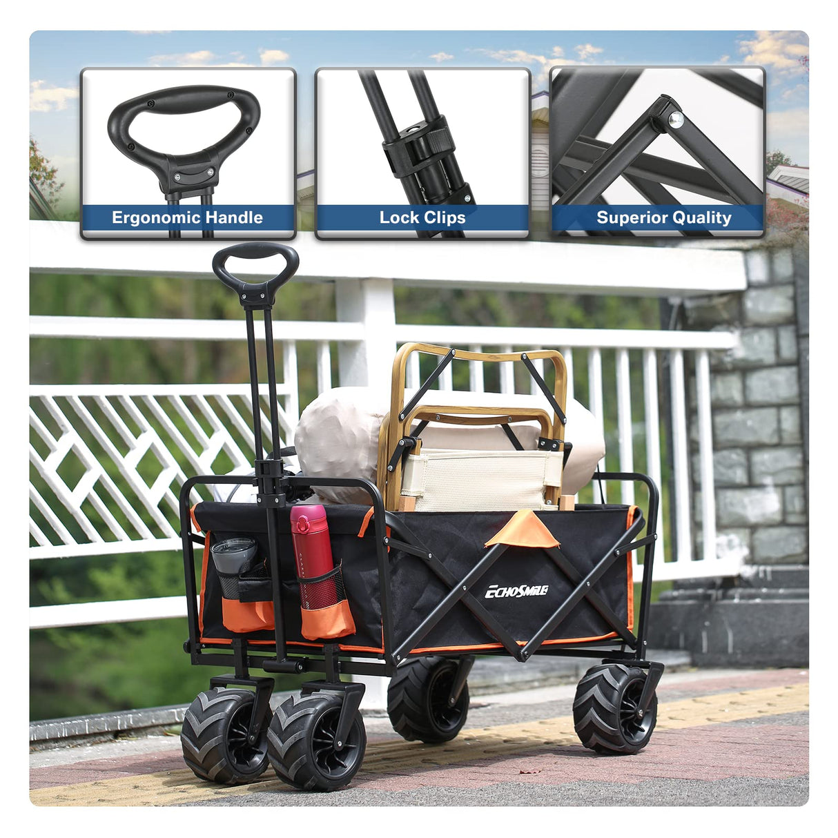 EchoSmile Heavy Duty 350 Lbs Capacity Collapsible Wagon, Outdoor Folding Camping Grocery Portable Utility Cart, Adjustable Rolling Carts, All Terrain Sports Beach Wagon with Big Wheels EchoSmile