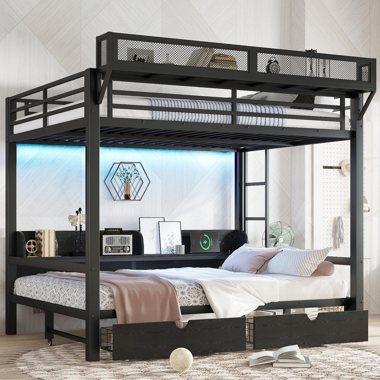 Queen Over Queen Metal Bunk Bed with Storage Drawers and Shelves, Heavy Duty Bunk Beds with LED Lights and Charging Station for Kids,Adults,Convertible into a Sofa Bed,Black Bellemave