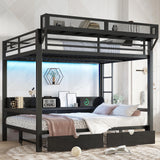 Queen Over Queen Metal Bunk Bed with Storage Drawers and Shelves, Heavy Duty Bunk Beds with LED Lights and Charging Station for Kids,Adults,Convertible into a Sofa Bed,Black Bellemave