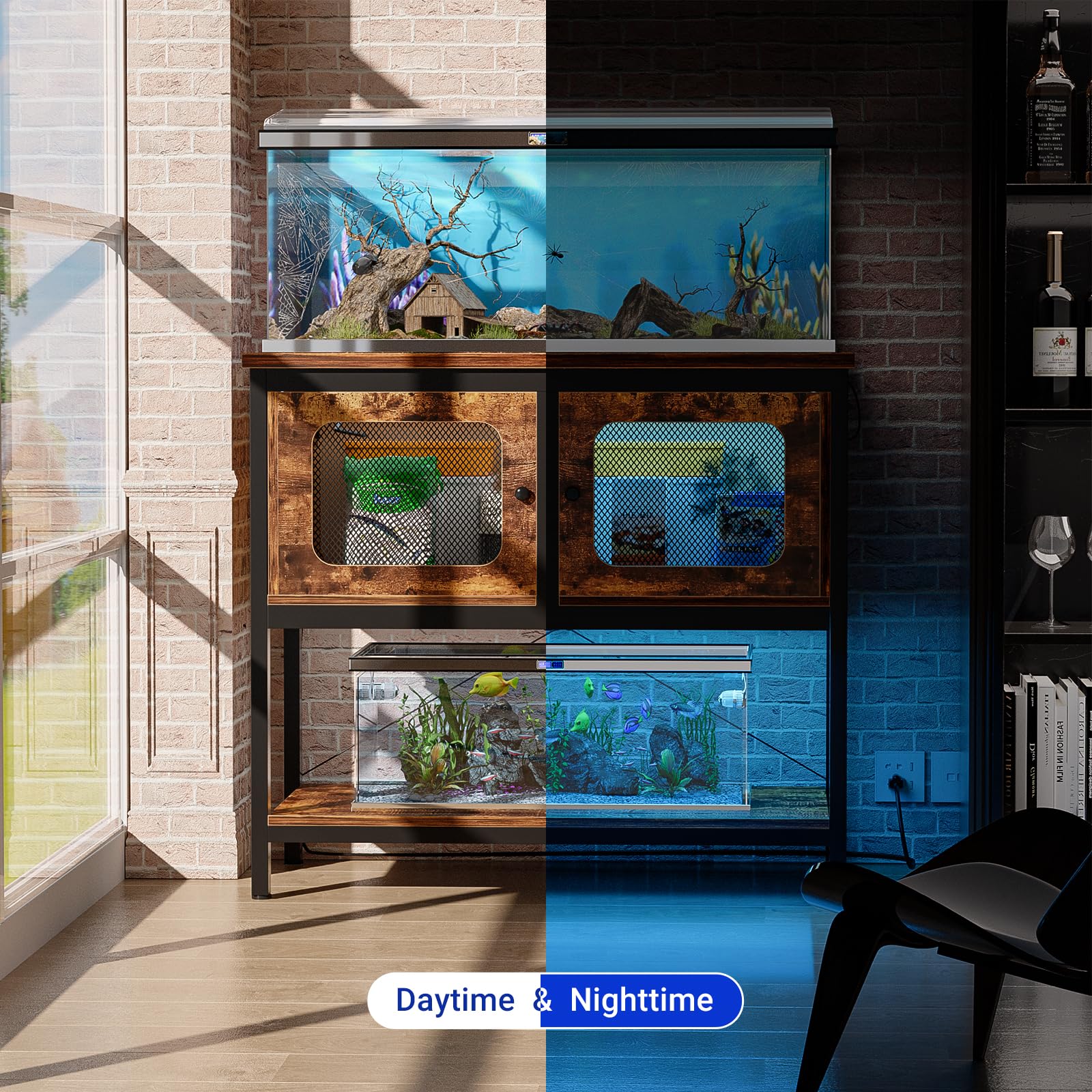 Hyomdeck 40 Gallon Fish Tank Stand with Magic Power Outlets and Smart LED Lights, Aquarium Stand with Storage Cabinet, Reptile Tank Stand with Unique Grid Door Design, Heavy Duty Metal Frame, - WoodArtSupply