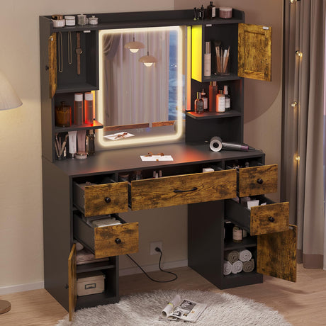 Tiptiper Makeup Vanity Desk with Digital Clock, Mirror and Lights, Large Vanity Table with Charging Station, Farmhouse Dressing Table with 5 Drawers Tiptiper