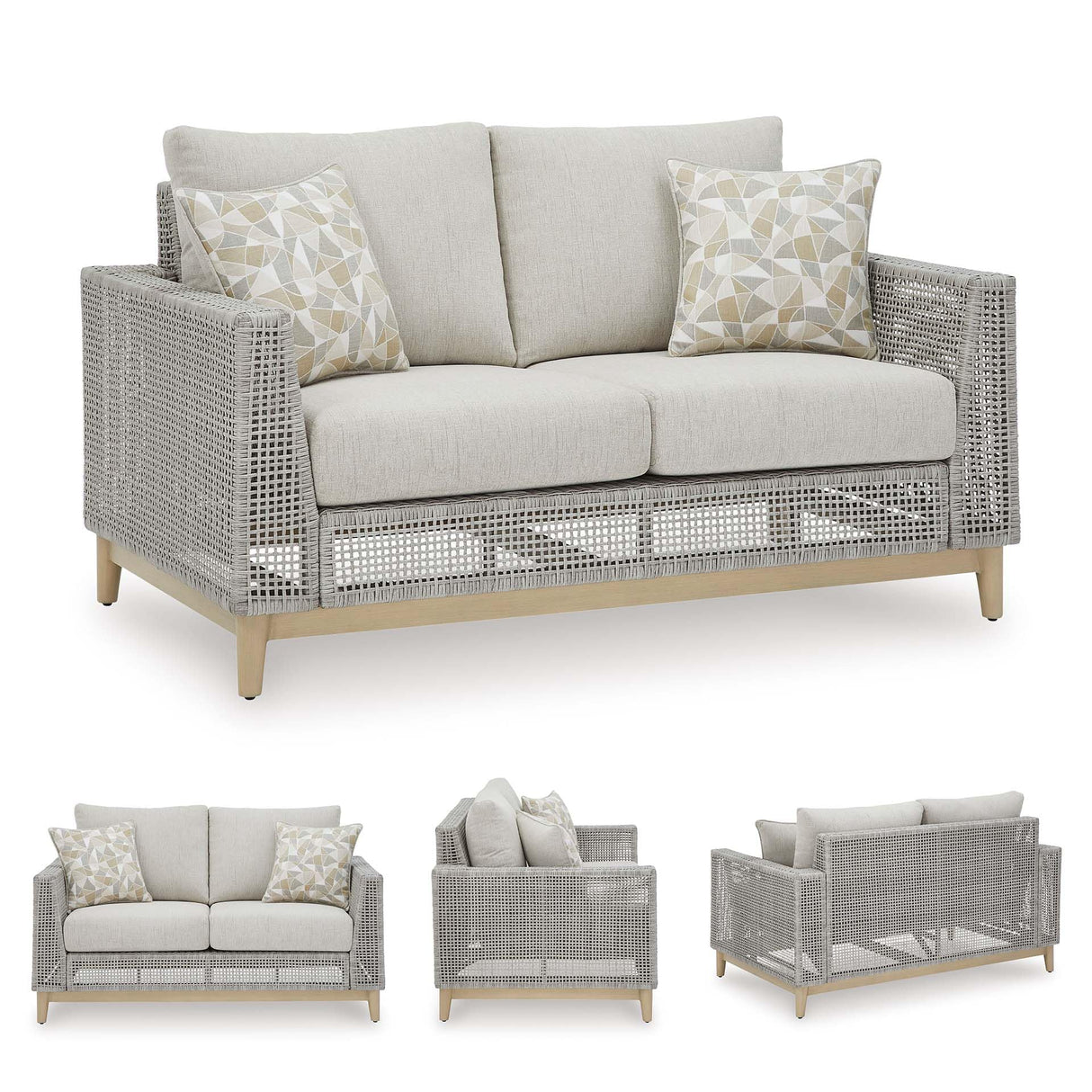 Signature Design by Ashley Seton Creek Cottage Weather Resistant Outdoor Loveseat with Cushion and 2 Throw Pillows, Light Brown & Light Gray Signature Design by Ashley
