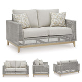 Signature Design by Ashley Seton Creek Cottage Weather Resistant Outdoor Loveseat with Cushion and 2 Throw Pillows, Light Brown & Light Gray Signature Design by Ashley