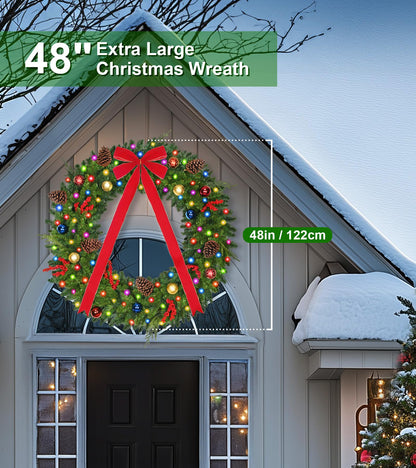 48 Inch Large Christmas Wreath with USB Powered 200 Lights,Pre-Lit Outdoor Christmas Wreath with Red Bow, Ornament Balls and Timer Remote Control,Christmas Door Wreath for Garage Porch Roof Front Door