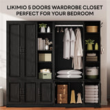LIKIMIO Armoire Wardrobe Closet 70" H, 5 Doors Bedroom Wooden Wardrobe with 4 Storage Shelves and Hanging Rod, Clothing Storage Cabinet Organizer Combination, Black LIKIMIO