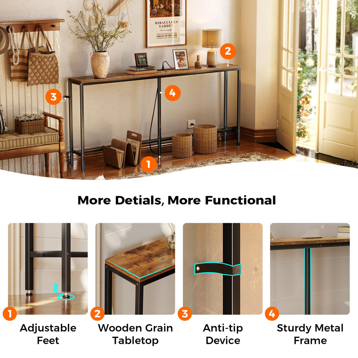 SUPERJARE 70 Inch Console Table with Outlet, Sofa Table with Charging Station, Narrow Entryway Table, Skinny Hallway Table, Behind Couch Table, for Living Room, Rustic Brown SUPERJARE