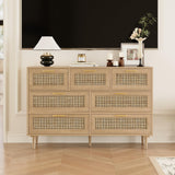 Trironsun Rattan Dresser for Bedroom 7 Drawer Wide Dresser Natural Boho Chest of Drawers Modern Wood Storage Dressers with Golden Handles for Living Room Closet Hallway Trironsun