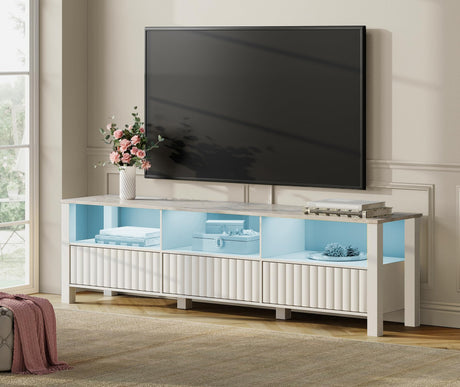 WAMPAT White TV Stand with Storage for 75 Inch TV with Blue LED Light, Modern TV Console Table for 65+ Inch TV, Entertainment Center Television Stands for Living Room Bedroom, 70 Inch WAMPAT