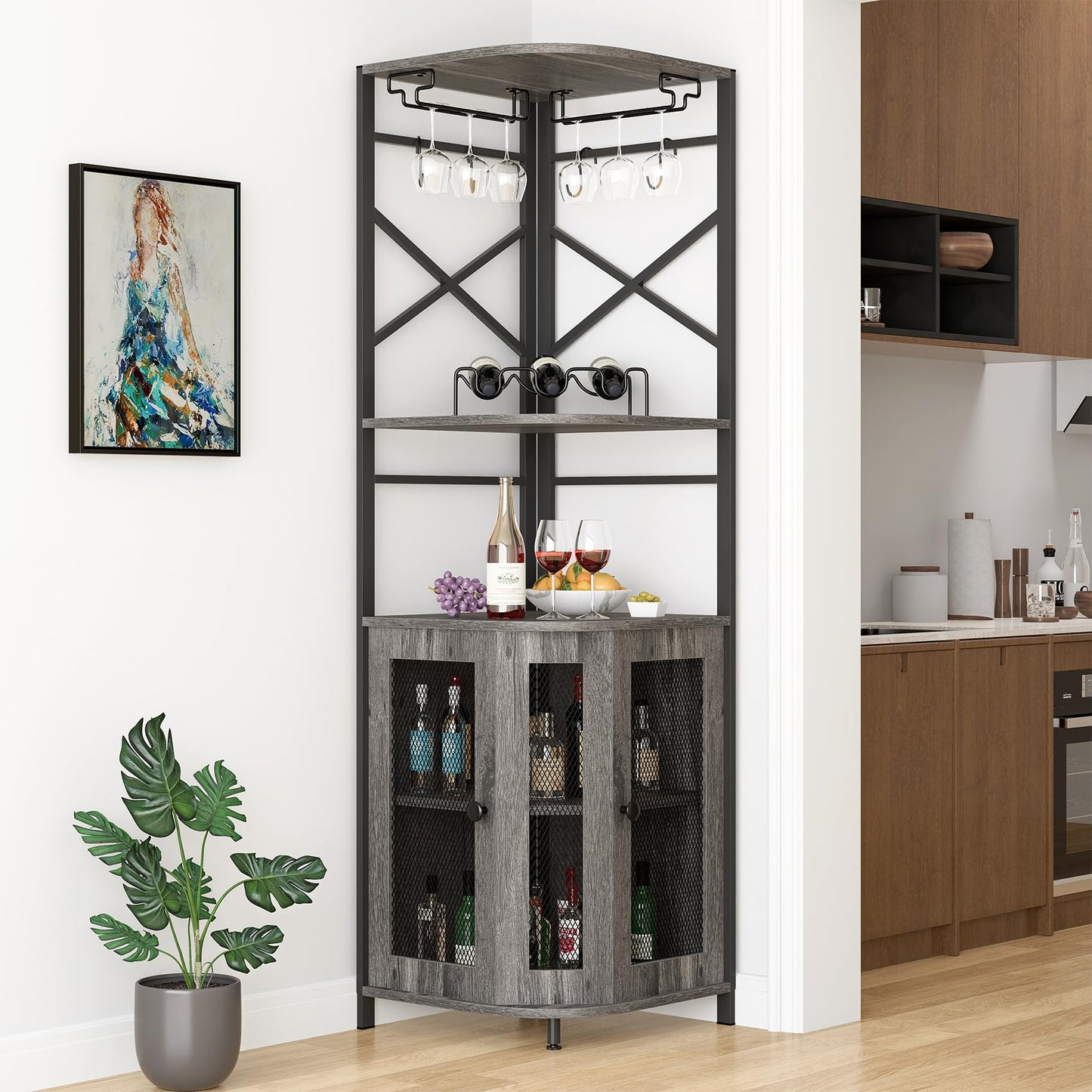 Aufvolr Bar Cabinet w/Wine Rack and Glass Holder, Corner Cabinet with Mesh Door, Corner Bar Cabinet with Adjustable Shelf, Liquor Cabinet Bar for Home (Grey