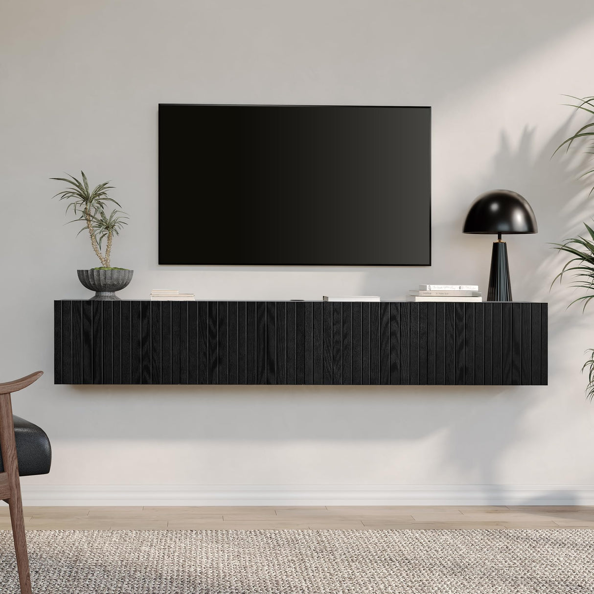 FITUEYES Large Floating TV Shelf Wood Media Entertainment Center,Wall Mounted Shelf with 3 Fluted Doors for TVs up to 80",Floating Storage Cabinet Under TV for Living Room, Bedroom,Black FITUEYES