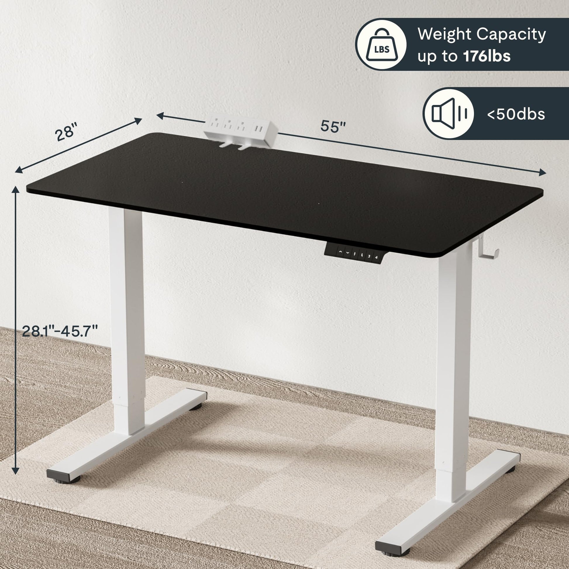 FLEXISPOT EN2 Electric Stand Up Desk 55 x 28 Inches Whole-Piece Desktop Height Adjustable Standing Desk with Desk Clamp Power Strip, Cable Management (White Frame + 55" Black Desktop, 2 Packa - WoodArtSupply