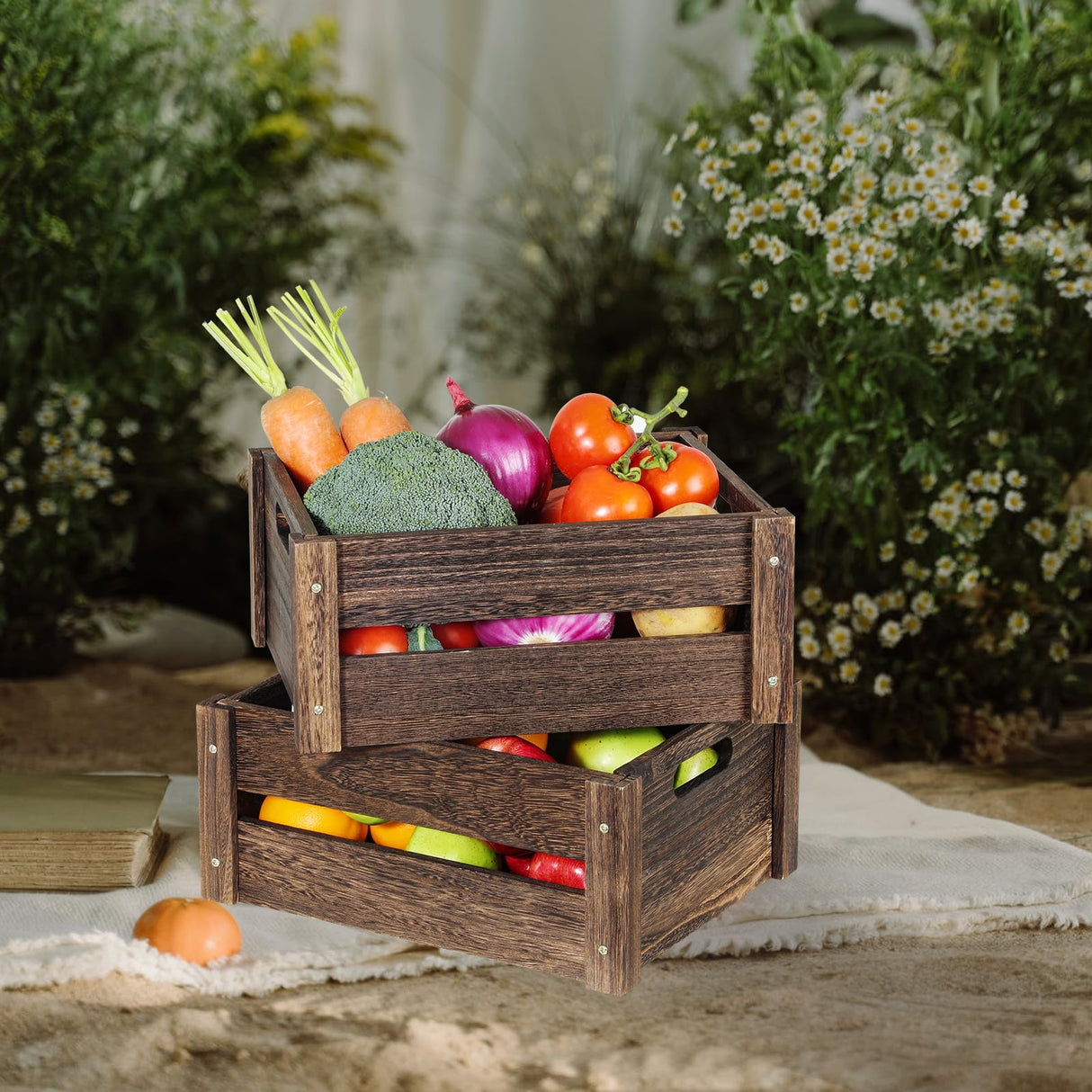 ROSOS Wooden Crates, Farmhouse Wooden Crates for Storage with Handles, Solid Wood Crates for Display, Durable Wooden Crate Box, Handmade Large Wooden Crate, Wooden Boxes for Decor, 2 Pack, Brown ROSOS