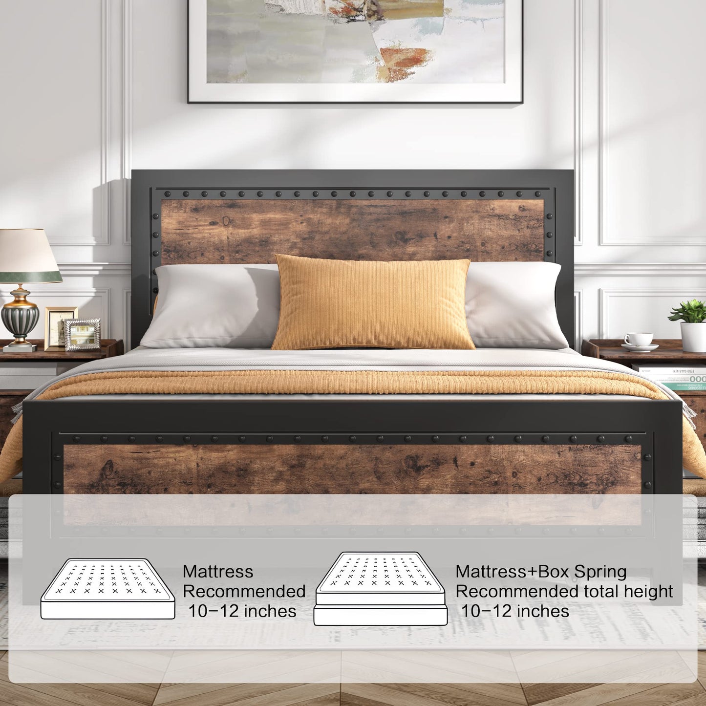 Keyluv Vintage Brown King Bed Frame with 4 Storage Drawers and Rivet Headboard - WoodArtSupply