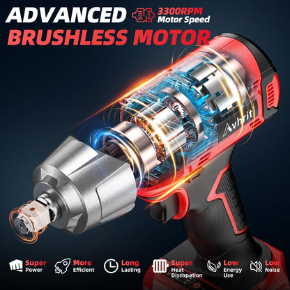 Avhrit Cordless Impact Wrench 1/2 inch, 480Ft-lbs (650Nm) Brushless Power Impact Gun 1/2 drive w/ 4.0Ah Battery, 4 Sockets, 6 Screwdriver Bits, Fast Charger, Electric Impact Wrench for Car Ti - WoodArtSupply