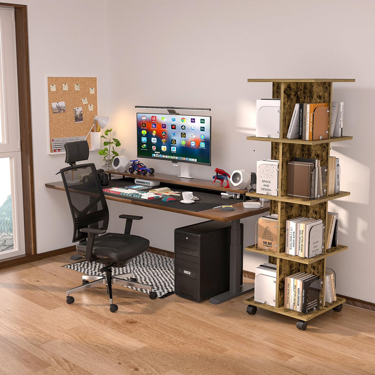 VECELO 360° Rotating Bookshelf with Wheels - 4-Tier Compact Corner Bookcase in Brown VECELO