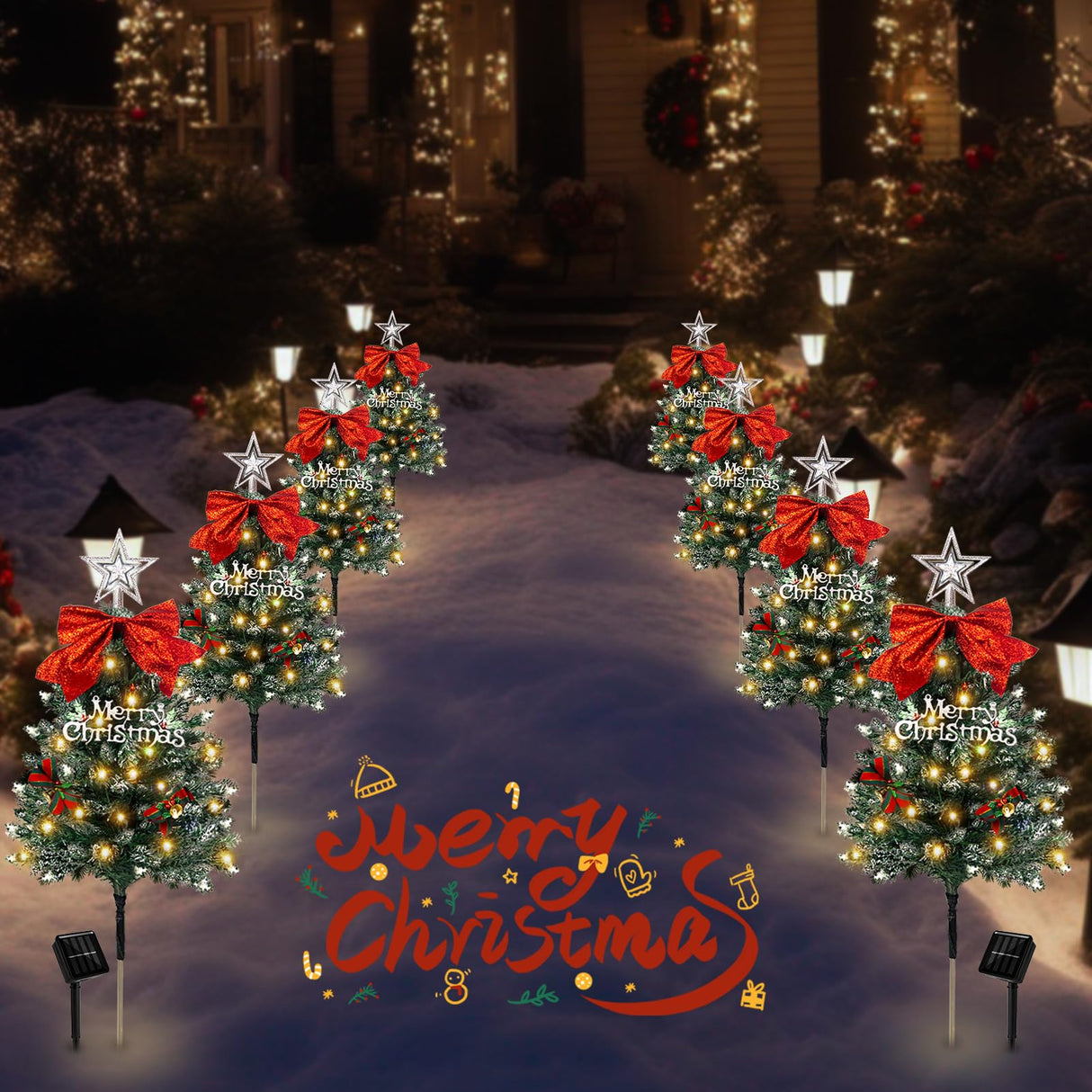 4 Pack Christmas Tree Solar Pathway Lights Outdoor Decorations, Waterproof Artificial Mini Xmas Tree Stake Lights with DIY Ornamets for Garden Yard Porch Decor (Snowy Tree) TAILERRI