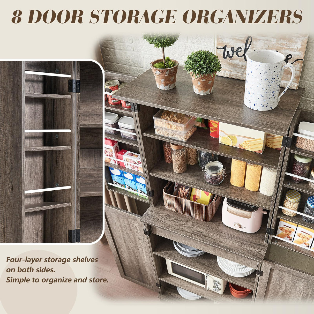 VanAcc 72" Tall Farmhouse Kitchen Pantry Cabinet with Door Organizer & Adjustable Shelves, Wooden Storage Cupboard with Drawer and Barn Doors for Kitchen, Dining Room, Living Room, Grey Oak VanAcc