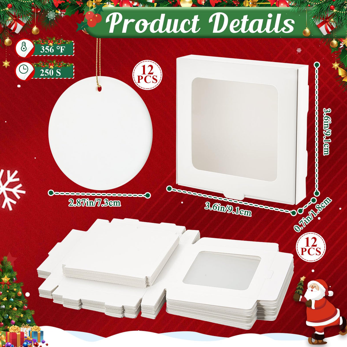 Dunzoom 12 Pcs Sublimation Ceramic Ornament Blanks with 12 Pcs Gift Box 2.9 Christmas Ornaments Ceramic Discs Ornaments Bulk Packaging Box with Window for Personalized Xmas Tree Heat Press Printing Dunzoom