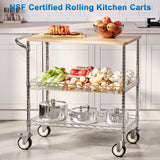 Leteuke Rolling Kitchen Carts with Wheels, 34" L x 17.5" W, 3-Tier Heavy Duty Utility Cart with Wood Tabletop, NSF Commercial Metal Serving Cart with Handle and Shelf Liner for Kitchen, Chrome Leteuke