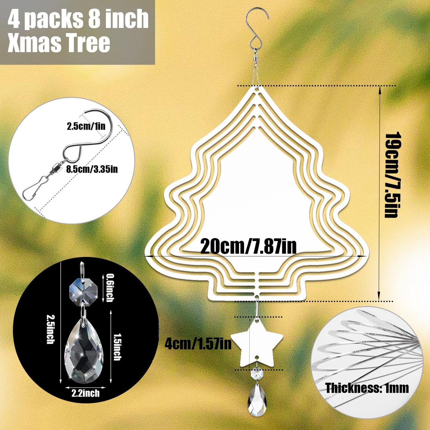 WindMage 4Pack 8inch Sublimation Wind Spinner Blanks 3D Aluminum Metal Wind Sculpture Kinetic Spinners for Yard and Garden Indoor Art Sublimation Christmas Ornament Hanging Decoration (Xmas Tree)