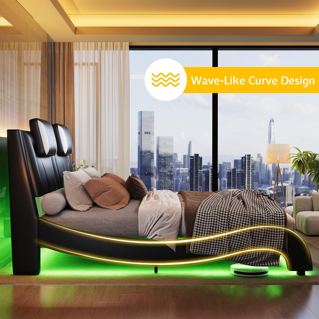 Jocisland Modern Floating Queen Bed Frame with LED Lights and Wave Curve Design in Black Jocisland