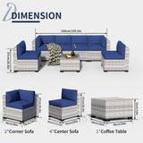 YLGJ&TIDY 7-Piece Outdoor Patio Furniture Set, PE Rattan Sectional Sofa with Waterproof Cushions & Coffee Table, Modern Patio Conversation Set for Patio, Garden, Poolside (7, Greywhite & Navy Blue) YLGJ&TIDY