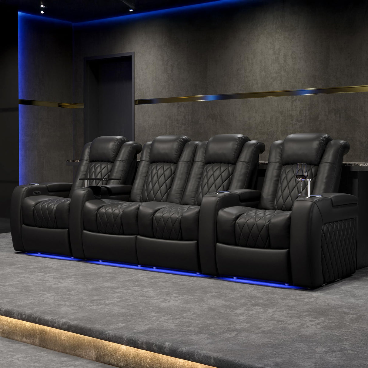 Valencia Tuscany Home Theater Seat - Nappa Leather Power Recliner with Cool Gel Memory Foam, USB-C/USB-A Charging, RGB LED Lights, Adjustable Lumbar & Headrest (Row of 3, Black) VALENCIA THEATER SEATING