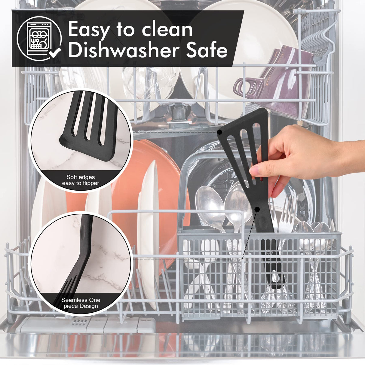 HOTEC Heat Resistant Silicone Slotted Fish Turner Spatula Set, Flipper Cooking Spatulas, for Non Stick Cookware Dishwasher Safe, Black HOTEC