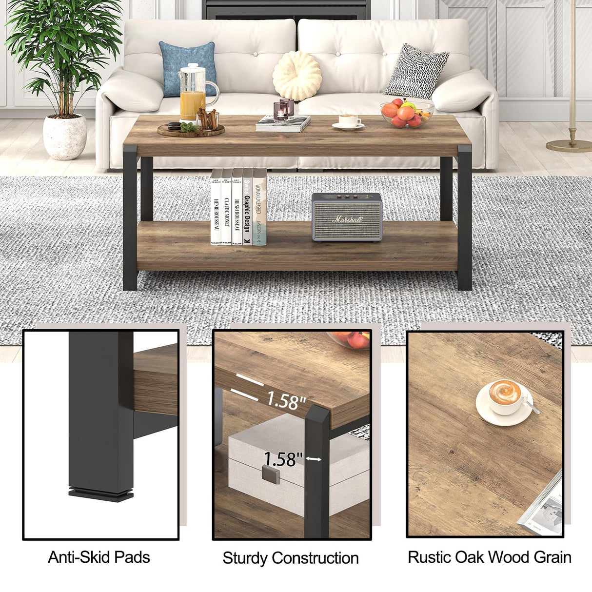 EXCEFUR Modern Coffee Table, Rustic Wood and Metal Center Table for Living Room, Industrial Rectangle Cocktail Tea Table with Storage, Oak EXCEFUR