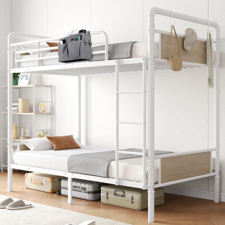 Jocoevol Bunk Bed Twin Over Twin, Heavy Duty Metal Industrial Bunkbeds with Ladder and Full-Length Guardrail, Convertible into 2 Individual Beds, Under-Bed Storage Space (White, Twin) Jocoevol