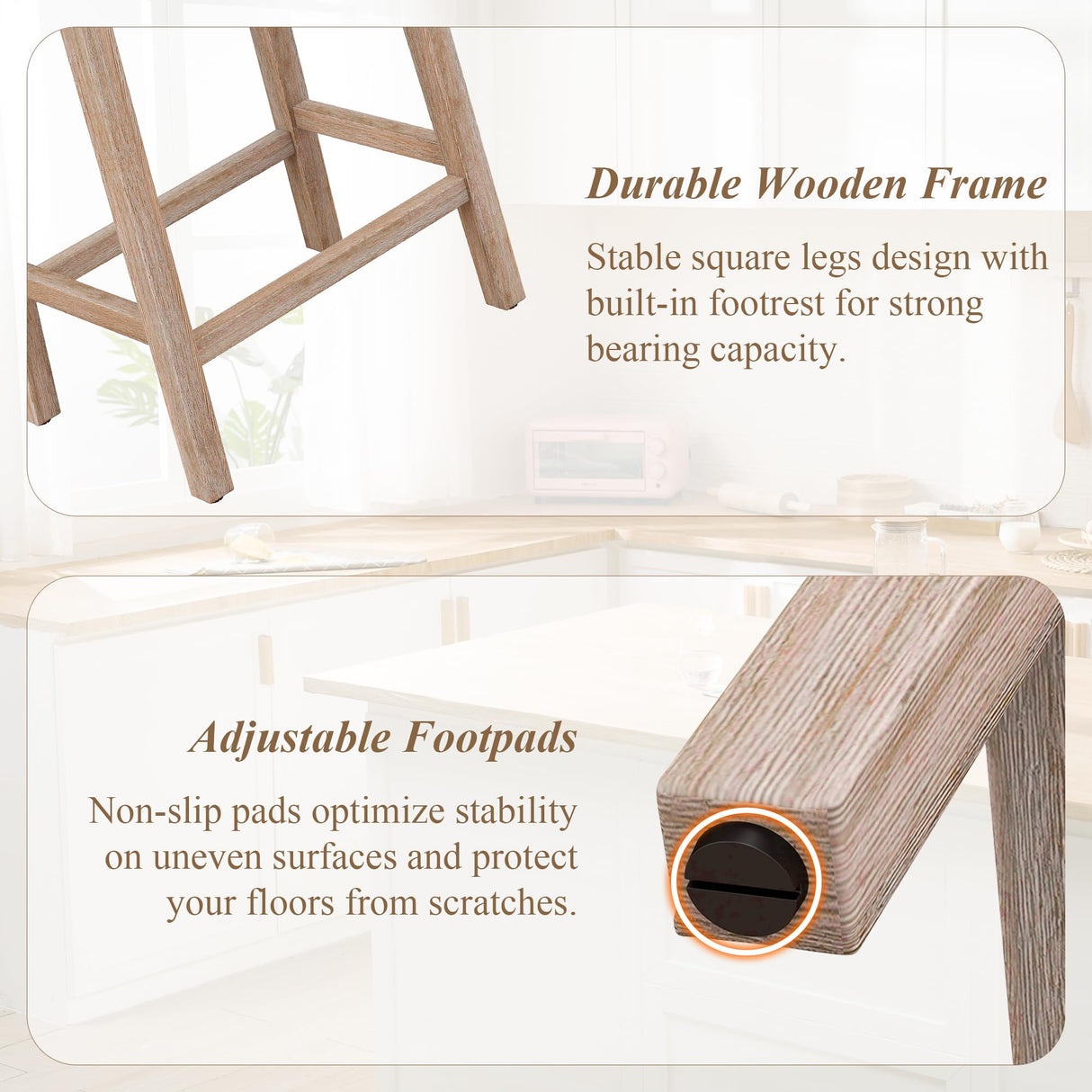 ABET Bar Stools Counter Height Chair Set of 4, 27" Backless Farmhouse Barstools with Wood Leg & Built-in Footrest, Nailhead Saddle Seat, Upholstered Linen Kitchen Island Chairs, Beige ABET