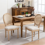 HMFULE French Country Dining Chairs Set of 4, Rattan Dining Chair with Linen Fabric and Carved Solid Wood Frame Farmhouse Dining Room Chairs for Living Room, Kitchen, Restaurant Rattan Beige HMFULE