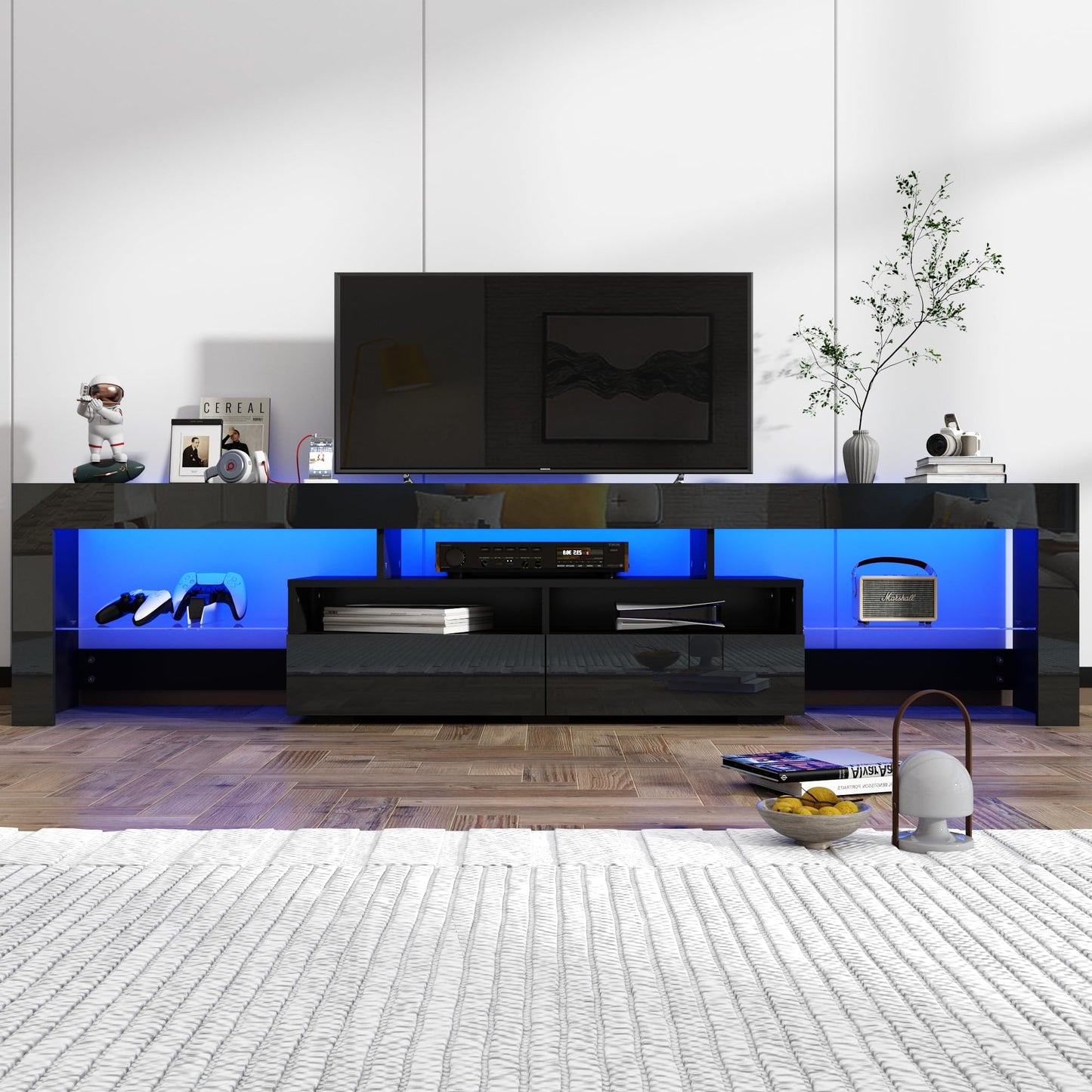 St.Mandyu LED TV Stand for 90/100 inch TV, High Glossy Modern Entertainment Center with Drawer and Led Lights, Television Table Media Console for Living Game Room Bedroom, Black