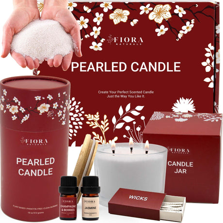 Pearled Candle Sand Gift Set - 18oz Sand Wax, 30 Wicks, 2X Natural Fragrance Oils + Free Large Glass Jar Included - Smoke-Free Powder Snow Candles, Upto 120 Hours Burn Time - DIY Candle Making Kit Fiora Naturals