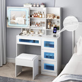 Fameill Vanity Desk with LED Sliding Mirror, Dressing Table with 4 Drawers and Stool Set, RGB Lights, Makeup Vanity 3 Color Lighting Modes Adjustable Brightness, Charging Station, White Fameill