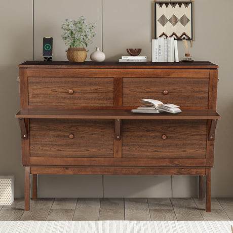 jurmiture Full Size Murphy Bed with USB Port and Removable Shelves on Each Side, Solid Pine Murphy Cabinet Bed for Home Office, Guest Room, Walnut jurmiture