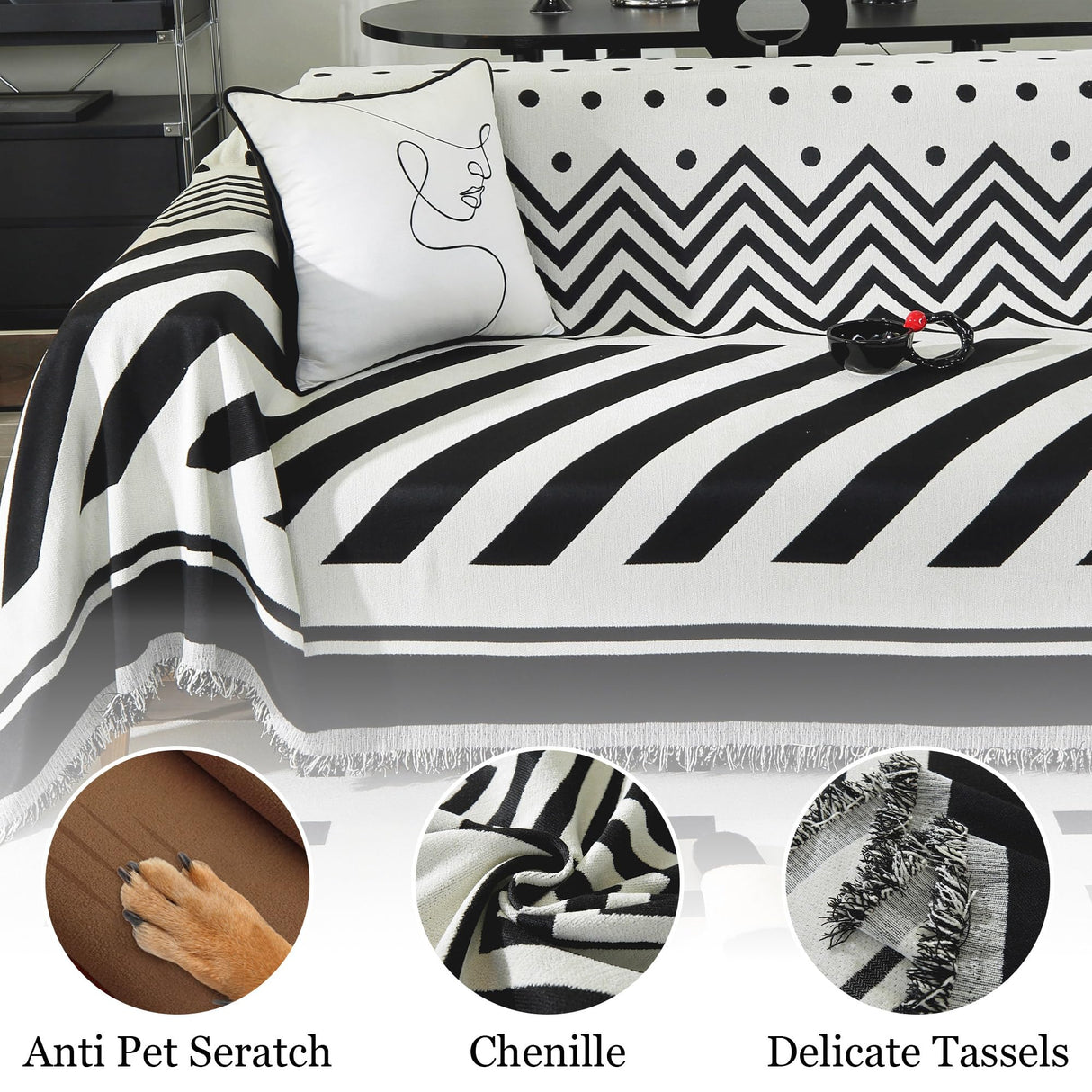 Tritard Boho Couch Cover Reversible Striped Sectional Couch Covers Black White Sofa Loveseat Covers Chenille Cushion Covers with Tassel Washable Couch Protector for Dogs Pet Futon Cover (71"-134") Tritard
