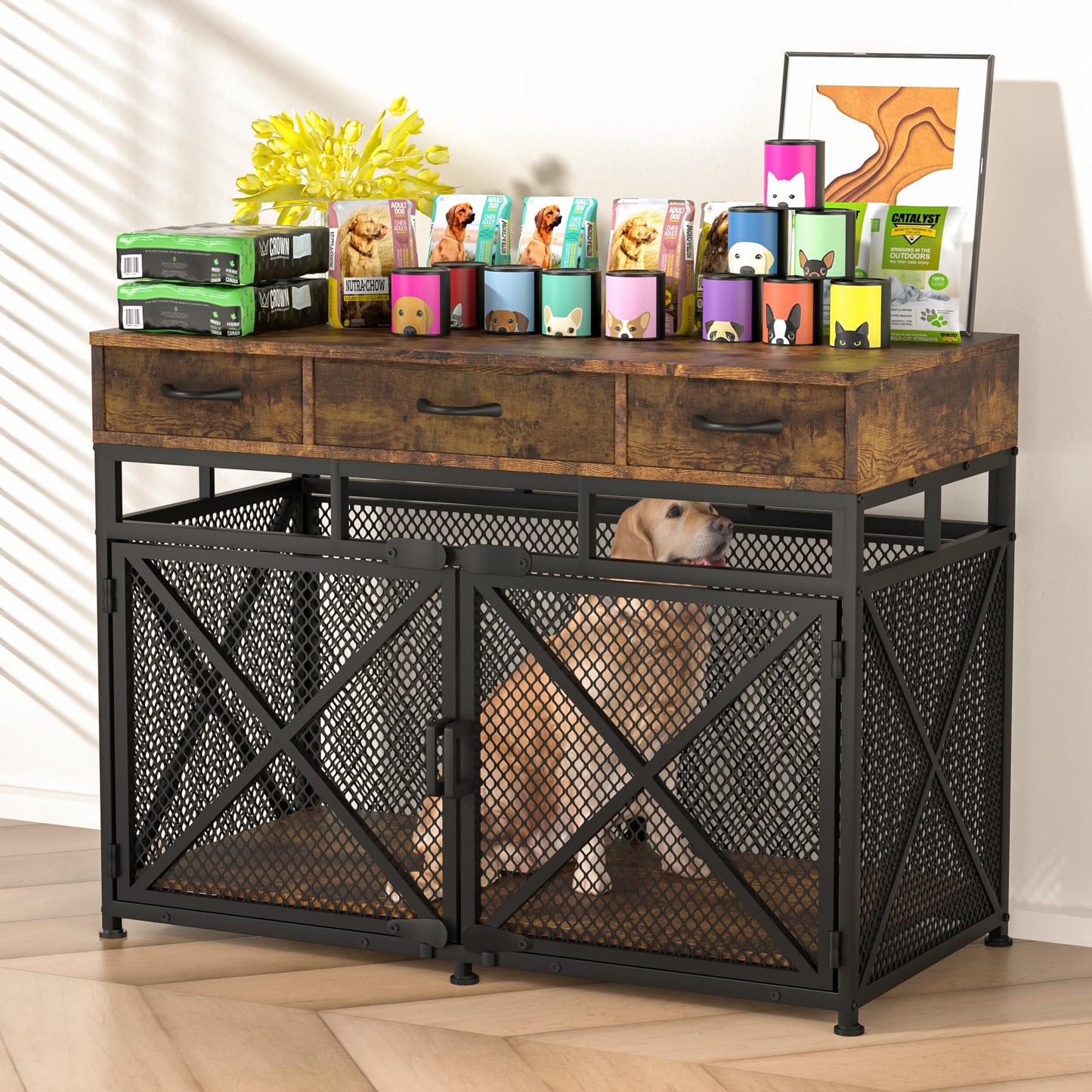 Dog Crate Furniture, 43.3inch Heavy Duty Dog Kennel with 3 Fabric Drawers and Storage, Dog Crate Side End Table for Entryway, Indoor Furniture-Style Dog House Cage for Large Medium Small Dogs, Brown