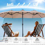 MFSTUDIO 15ft Double Sided Patio Umbrella with Solar Lights, Outdoor Large Umbrellas with Crank Handle and 36 LED Lights, Rectangular Market Umbrella with Base Included for Deck Pool Shade, Beige MFSTUDIO